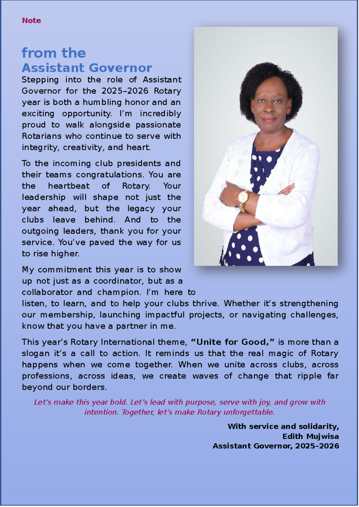 Message from the Assistant Governor: A Call to Action for Rotary Year ...