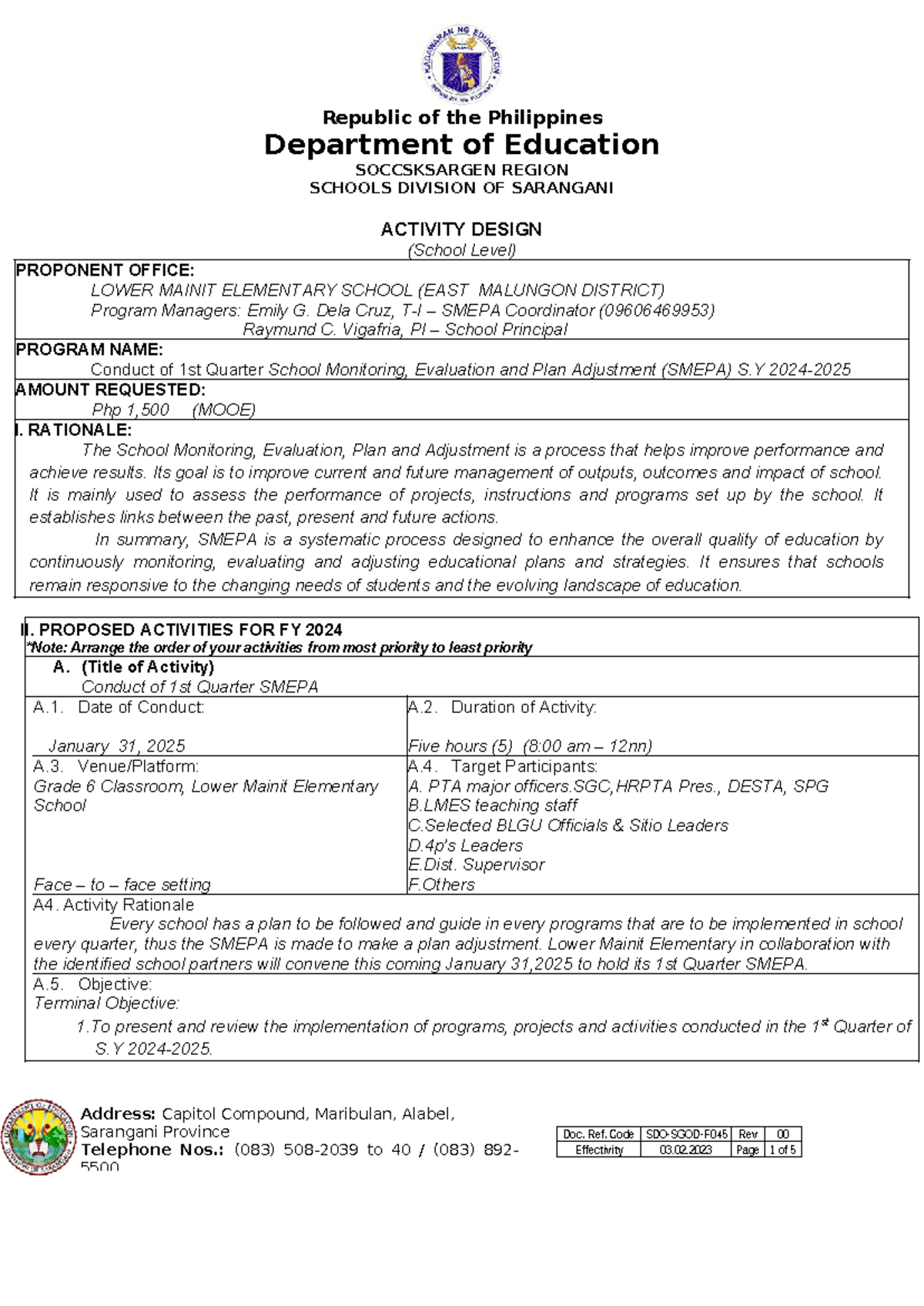 SMEPA Q1-2025 Activity Design for Lower Mainit Elementary School - Studocu