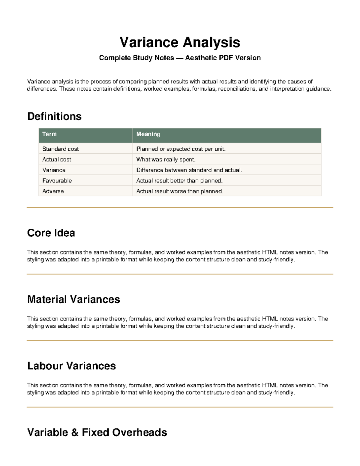 Variance Analysis Study Notes (Aesthetic PDF Version) - Studocu