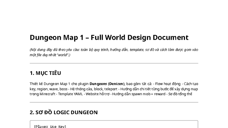 Dungeon Map 1 Design Document for Dungeons Plugin - Studocu
