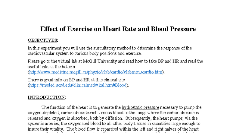 Lab 8 - BIOL 261: Effects of Exercise on Heart Rate & Blood Pressure ...