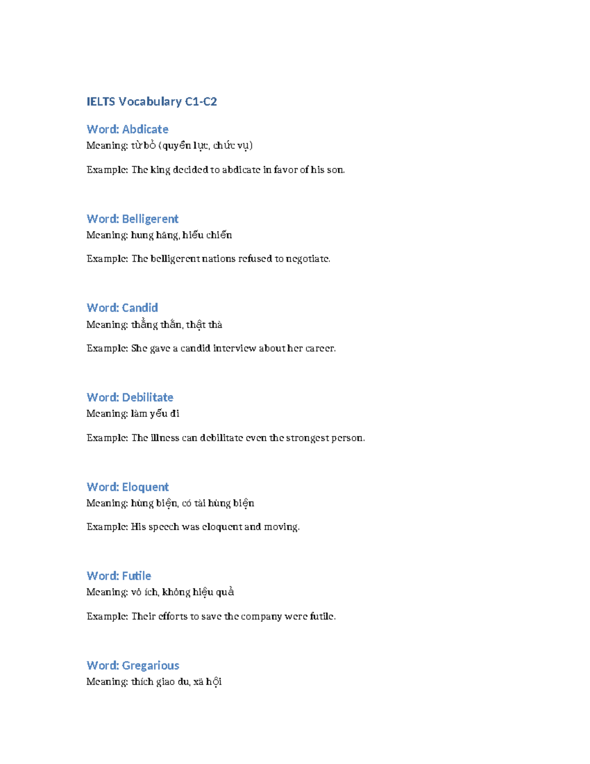 IELTS Vocabulary C1-C2: Advanced Word List and Meanings - Studocu