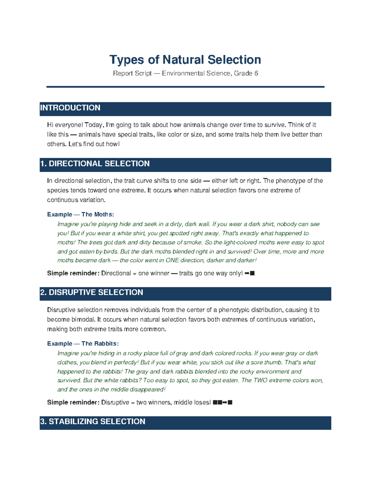 Natural Selection Report Script: Types & Examples (Env Sci, Gr 6) - Studocu