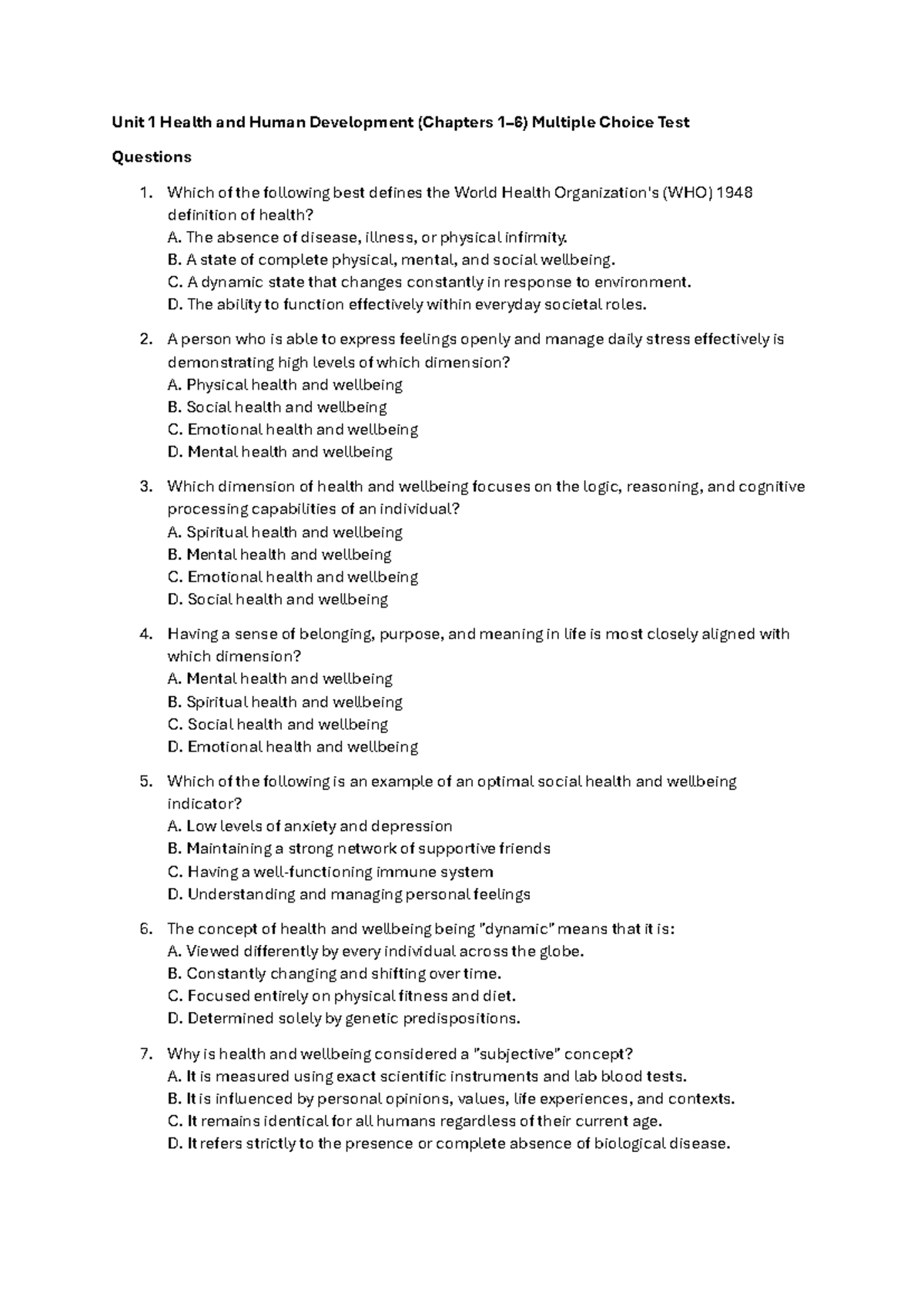 HHD Unit 1 Multi-Choice Questions 1-6 Exam Prep Guide - Studocu