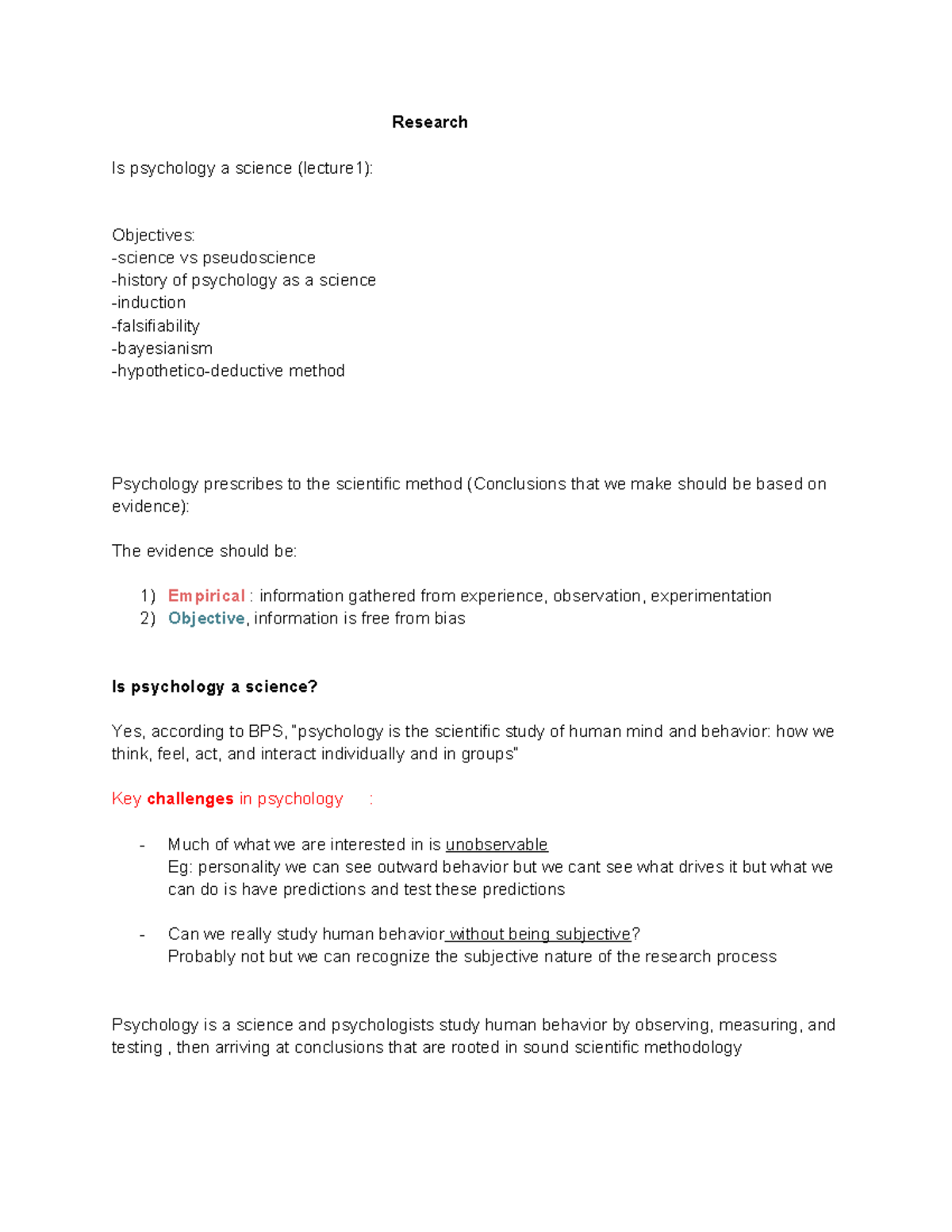 Psychology as a Science: Lecture Notes (PSY 101) - Studocu