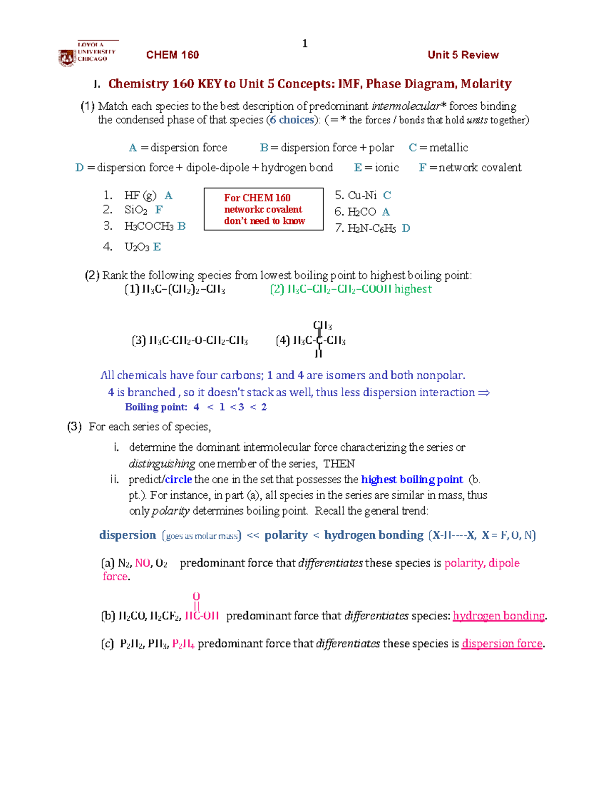 CHEM 160 Unit 5 Homework Key - Intermolecular Forces & Molarity ...