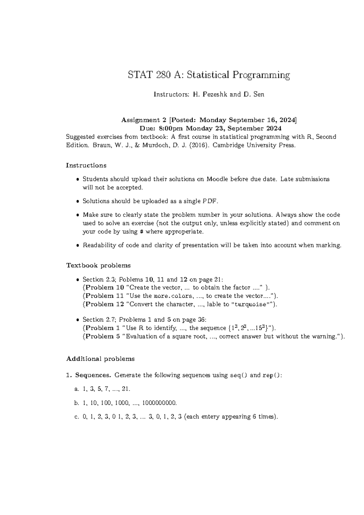 STAT 280 A: Assignment 2 - Statistical Programming Exercises - Studocu