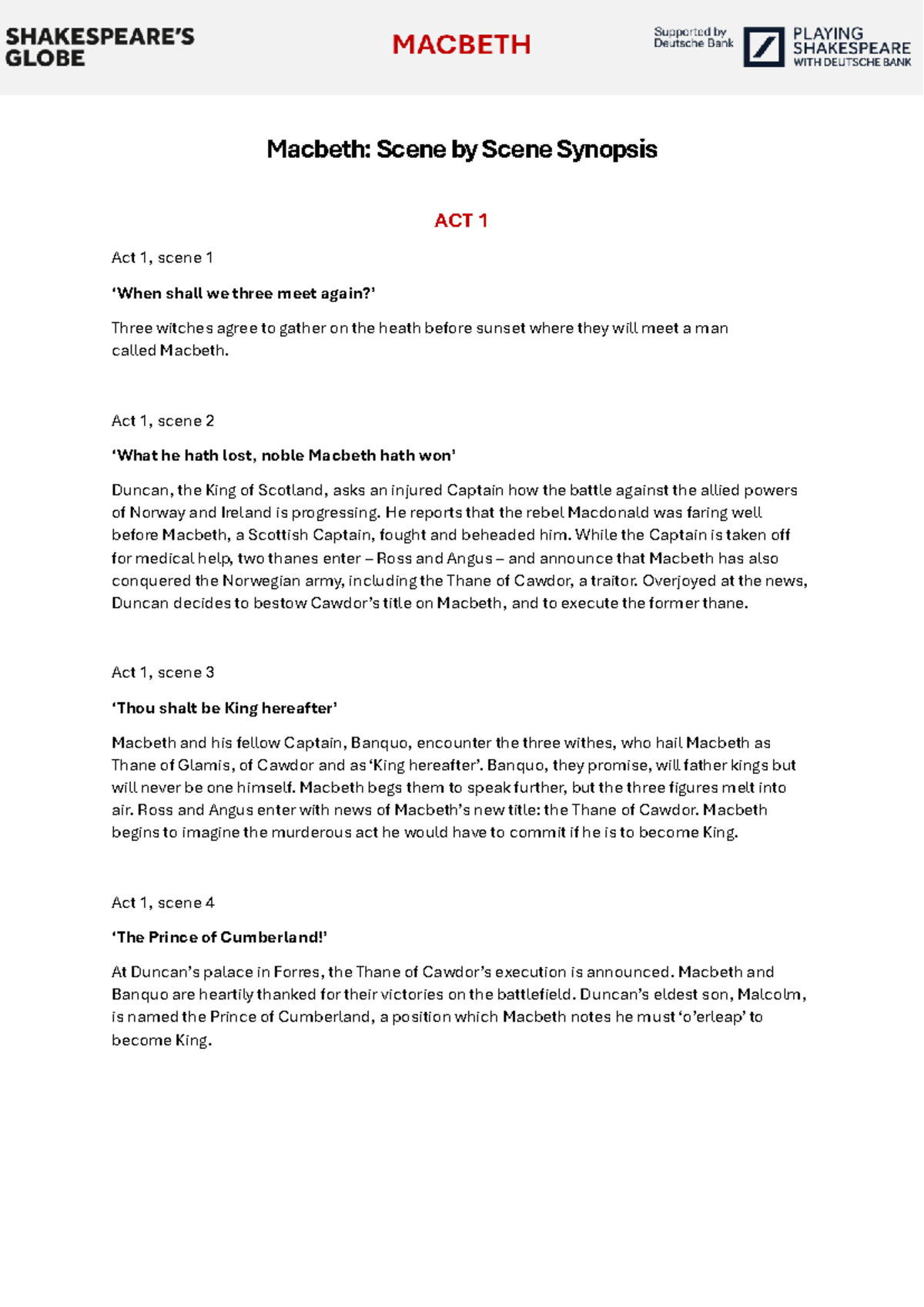 Macbeth (ENG 101): Scene-by-Scene Plot Synopsis of Act 1 to Act 5 - Studocu
