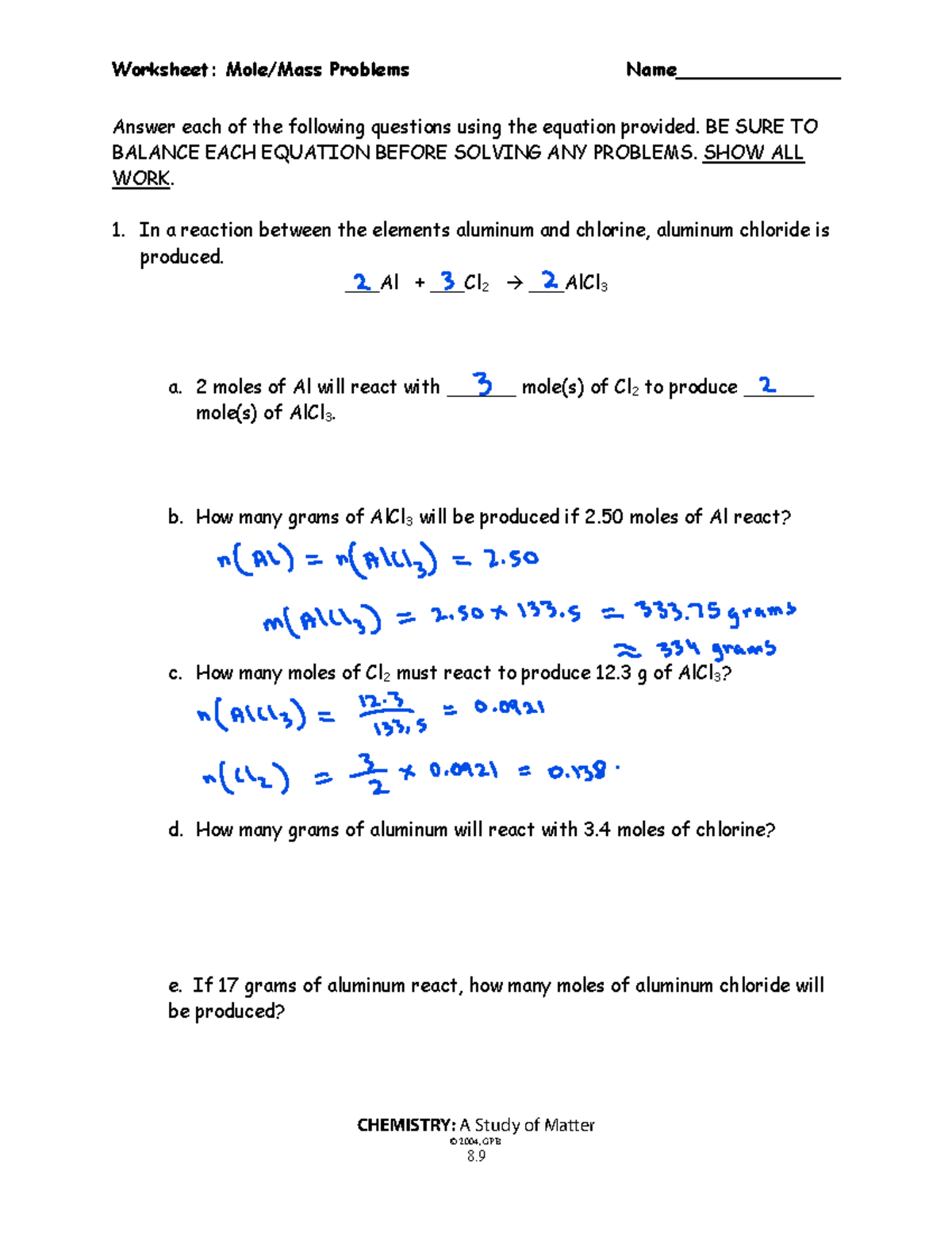 Worksheet: Stoichiometry Problems for CHEMISTRY: A Study of Matter ...