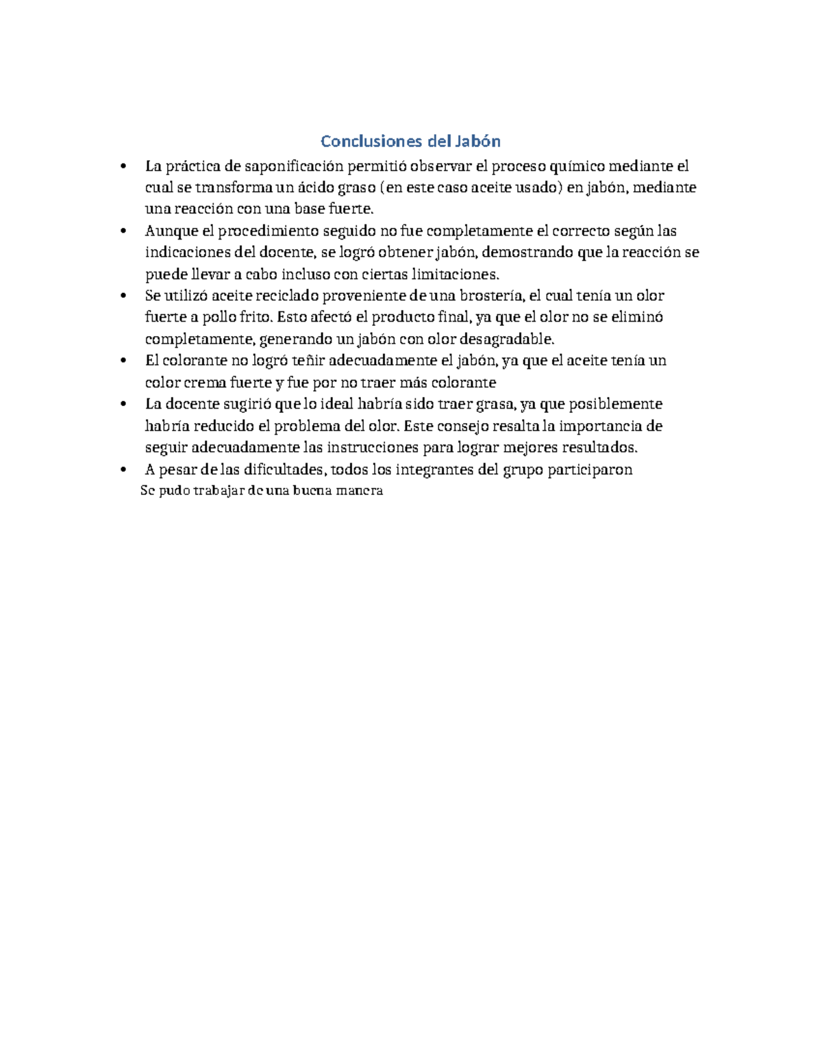 Conclusiones de la Práctica de Saponificación en Química - Studocu