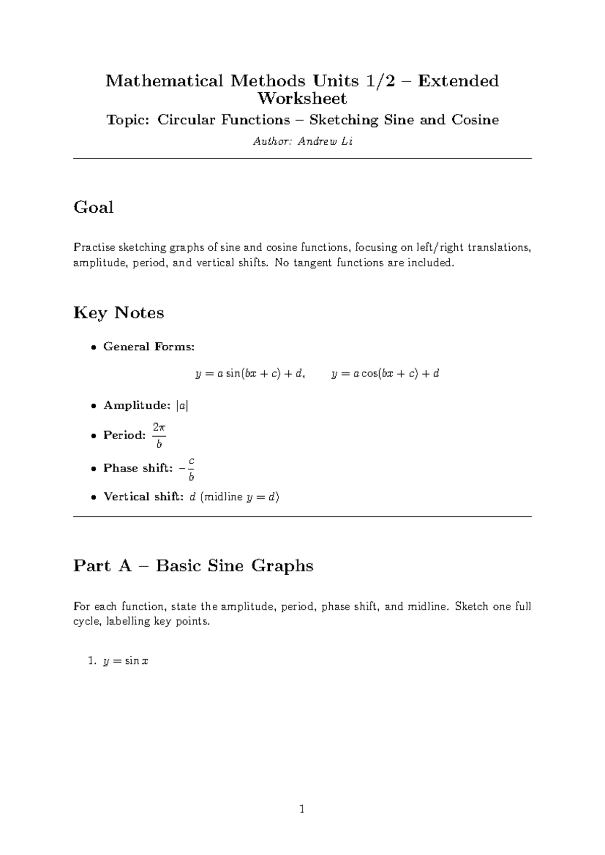 Mathematical Methods 12: Midterm Worksheet on Circular Functions - Studocu
