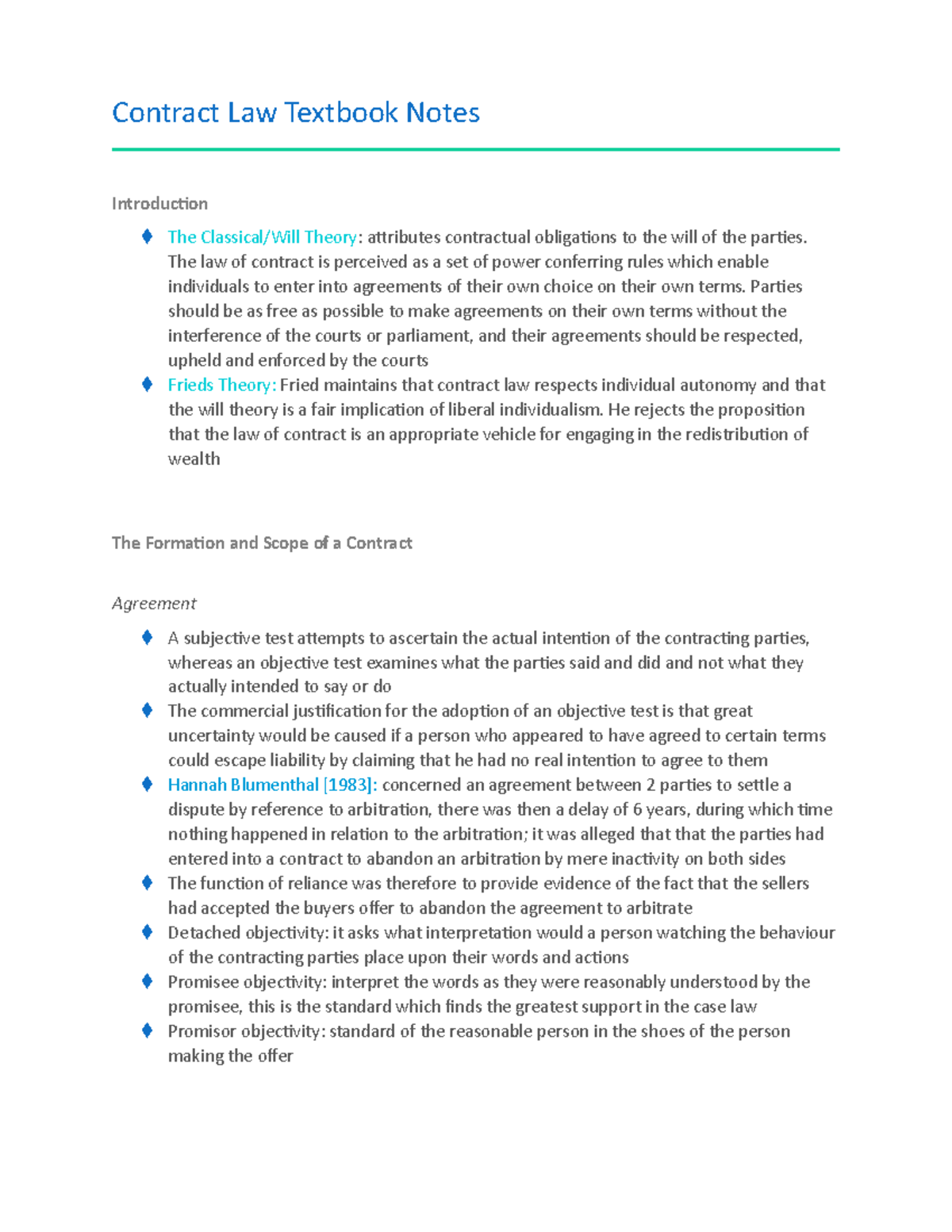 Contract Law Notes: Key Concepts & Theories in Legal Framework - Studocu