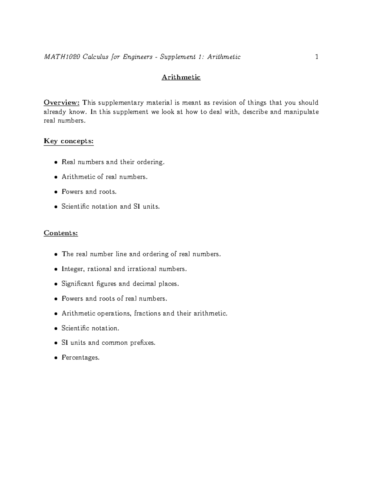 MATH1020 Calculus for Engineers: Supplement 1 - Arithmetic Overview ...