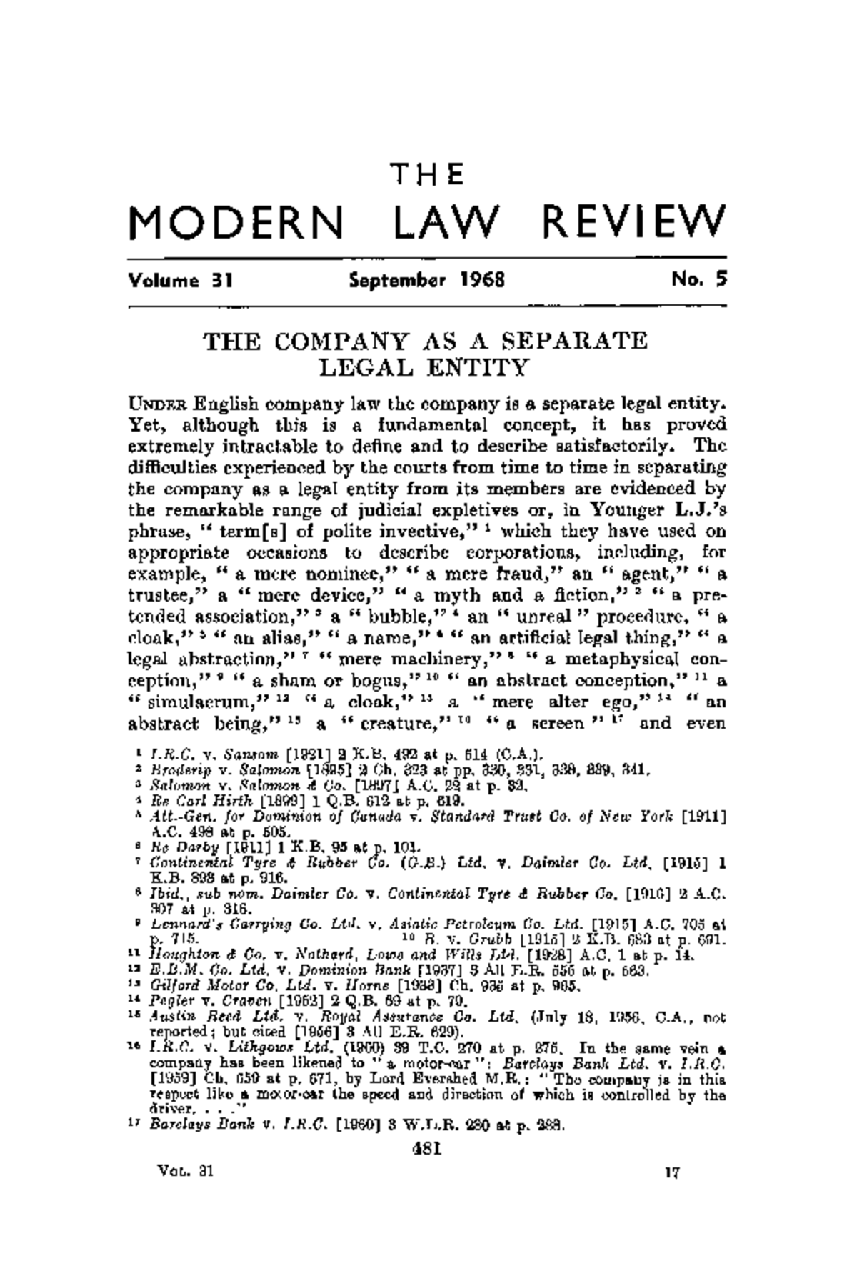 Modern Law Review - September 1968 - Pickering - THE Company AS A ...