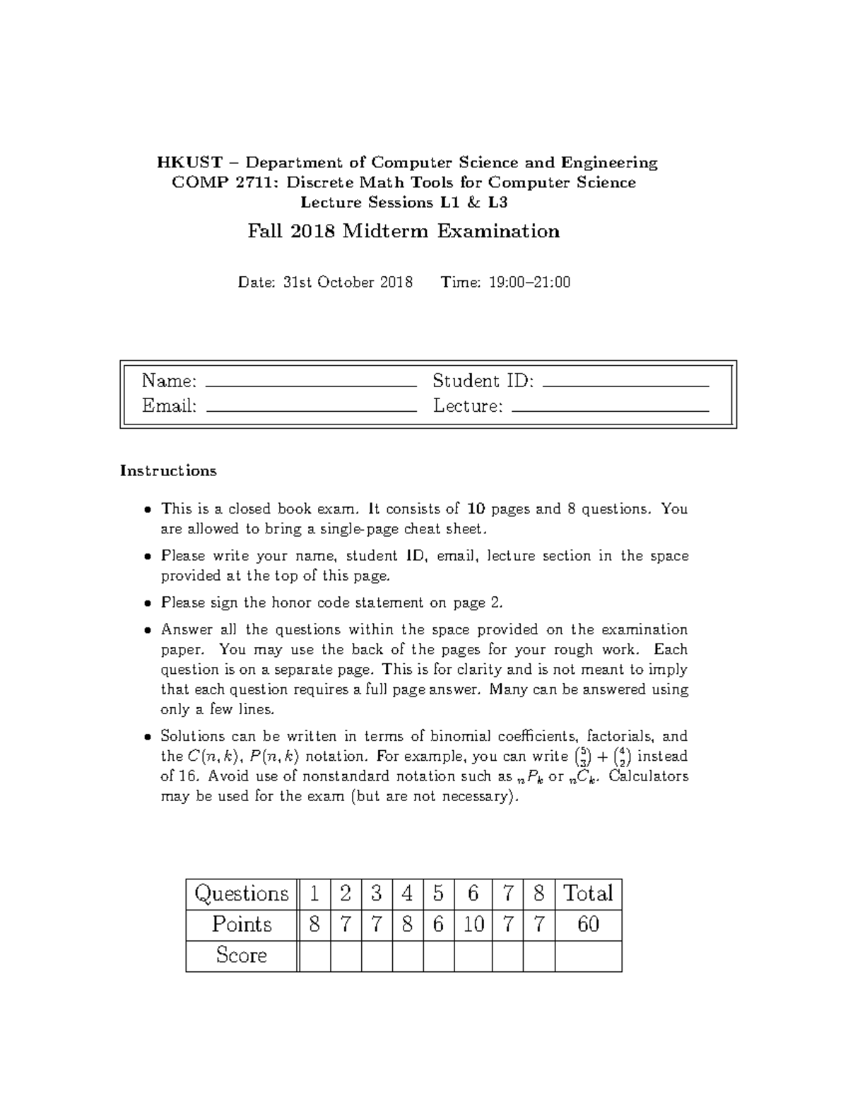 COMP 2711: Discrete Math Midterm Exam Past Paper - Fall 2018 - Studocu