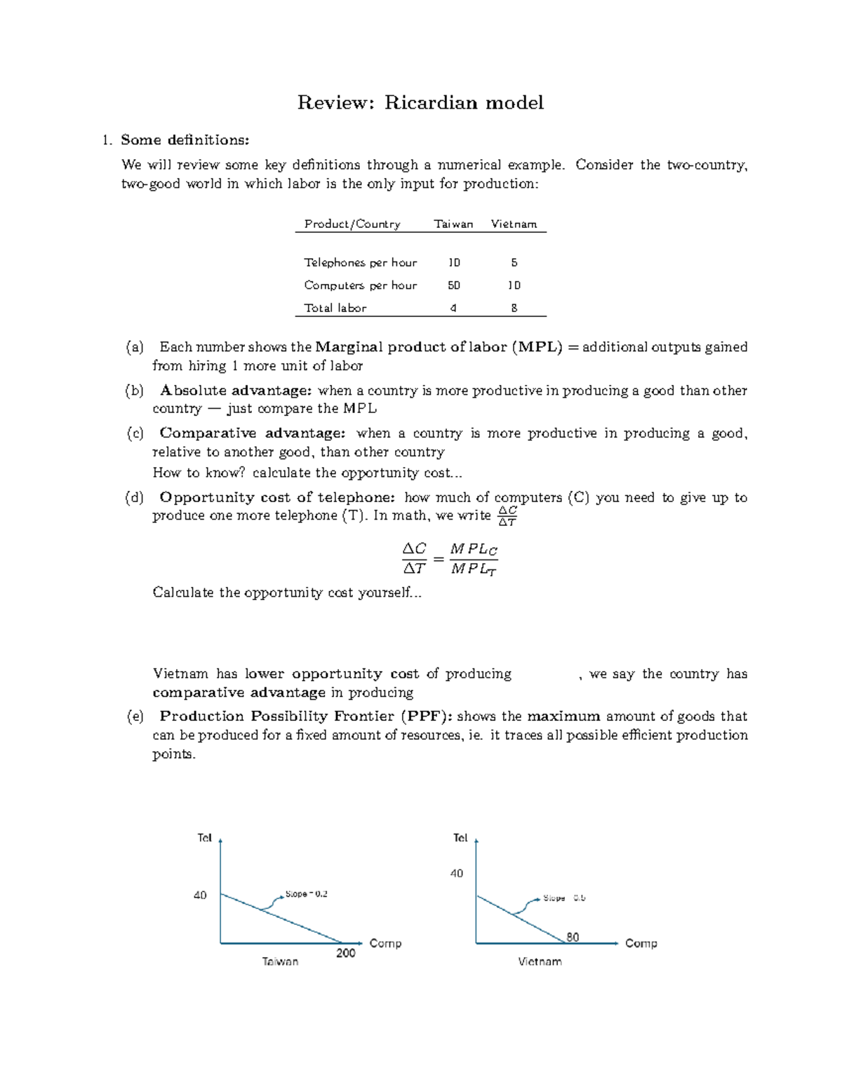 Ricardian Model Review: Comparative Advantage & Trade Analysis - Studocu