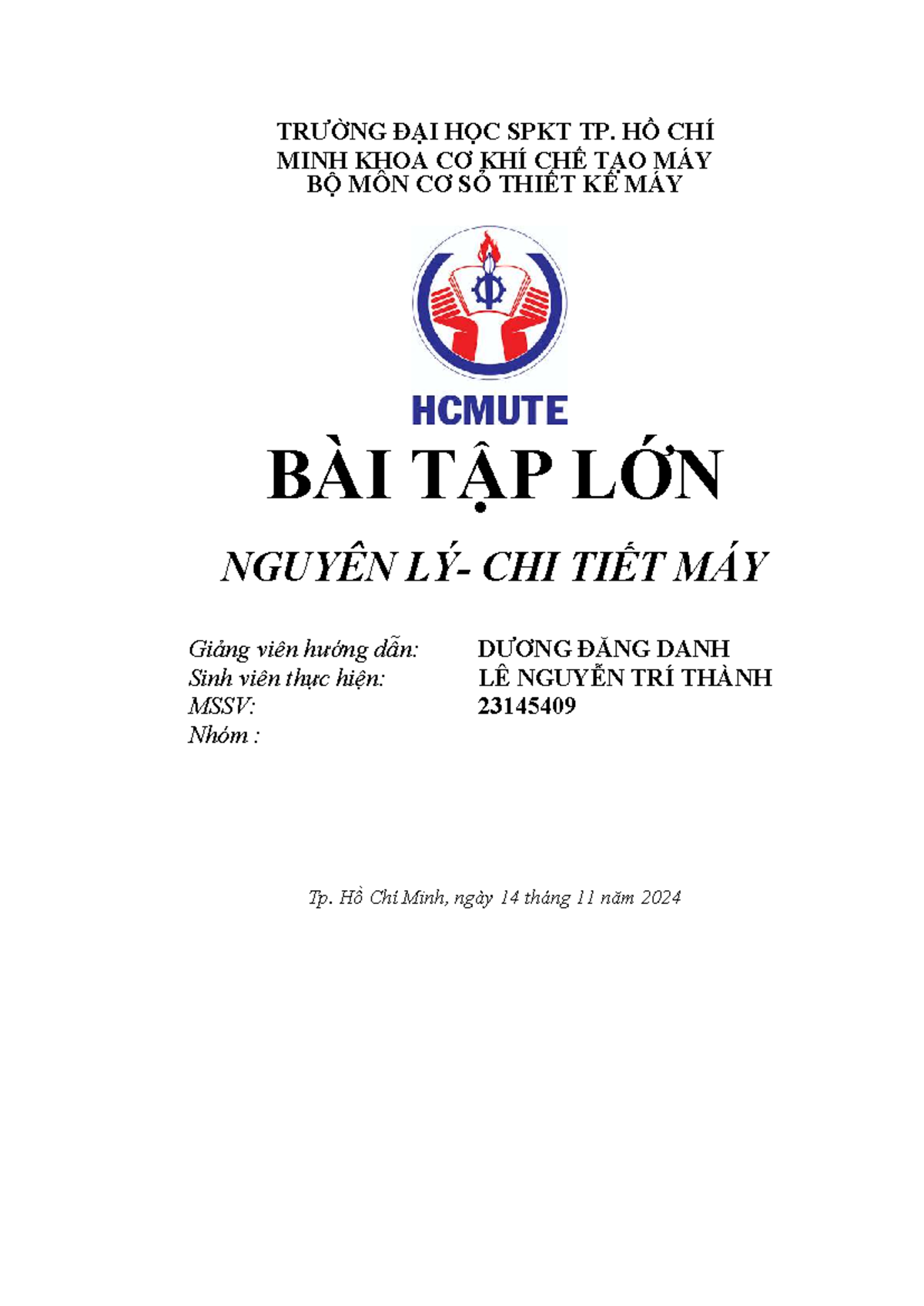Bài Tập Lớn: Nguyên Lý Chi Tiết Máy - Môn Cơ Sở Thiết Kế Máy - Document Preview