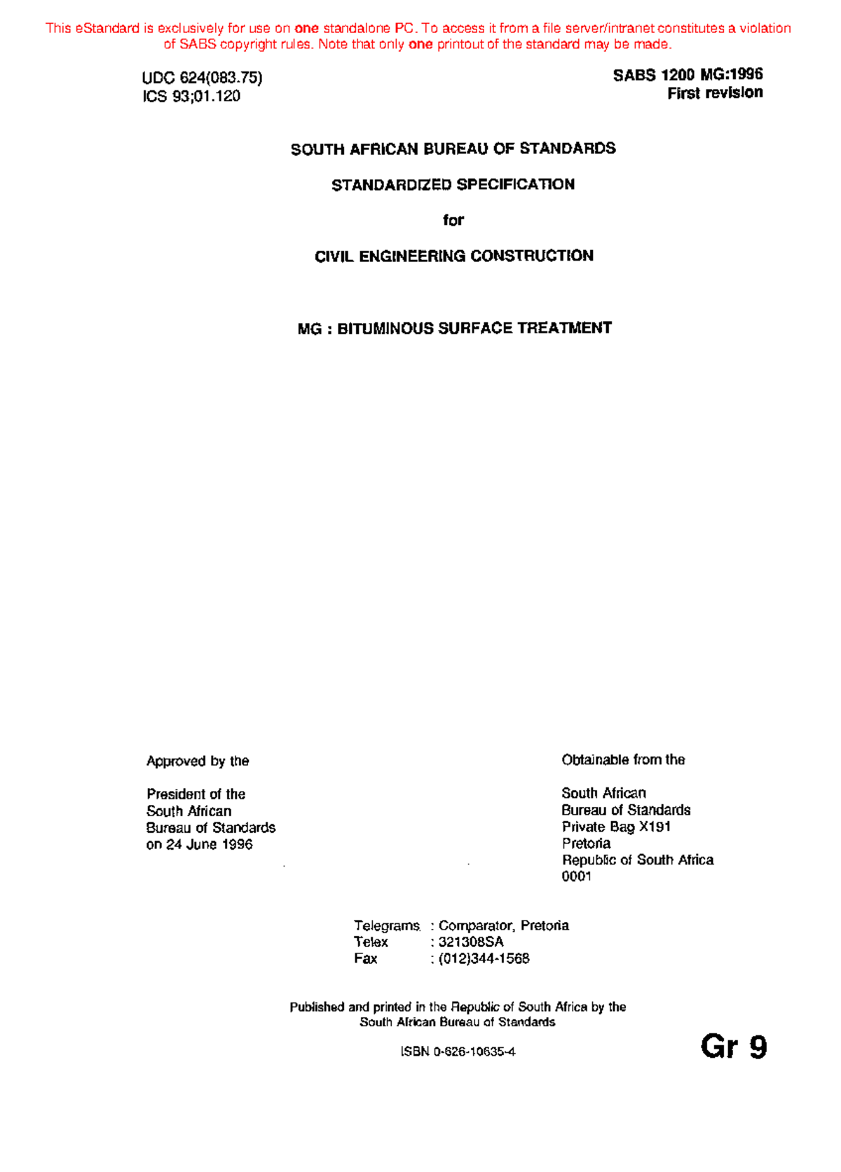 SABS 1200 MG:1996 Bituminous Surface Treatment Specification Guide ...