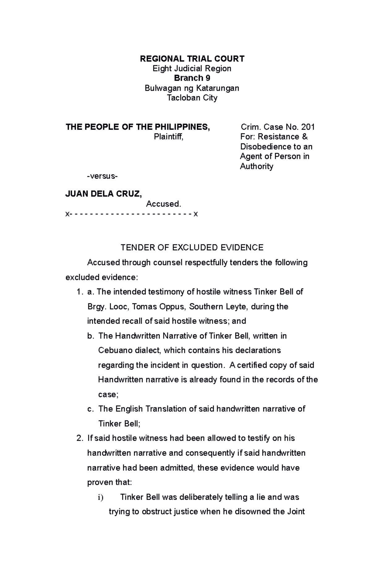 Tender of Excluded Evidence in Crim. Case No. 201 - Studocu