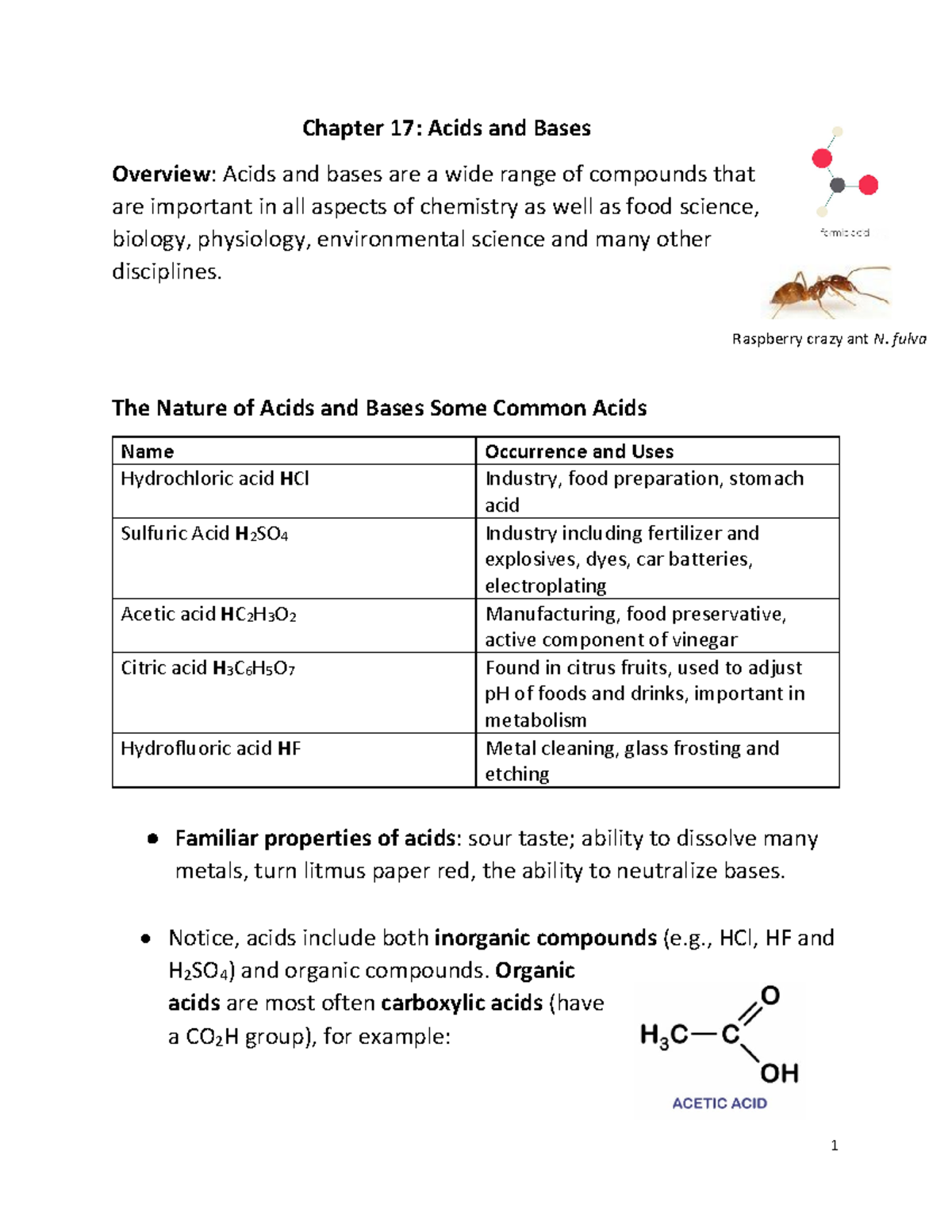 Chapter 17 Acids and Bases Notes - Chapter 17: Acids and Bases Overview ...