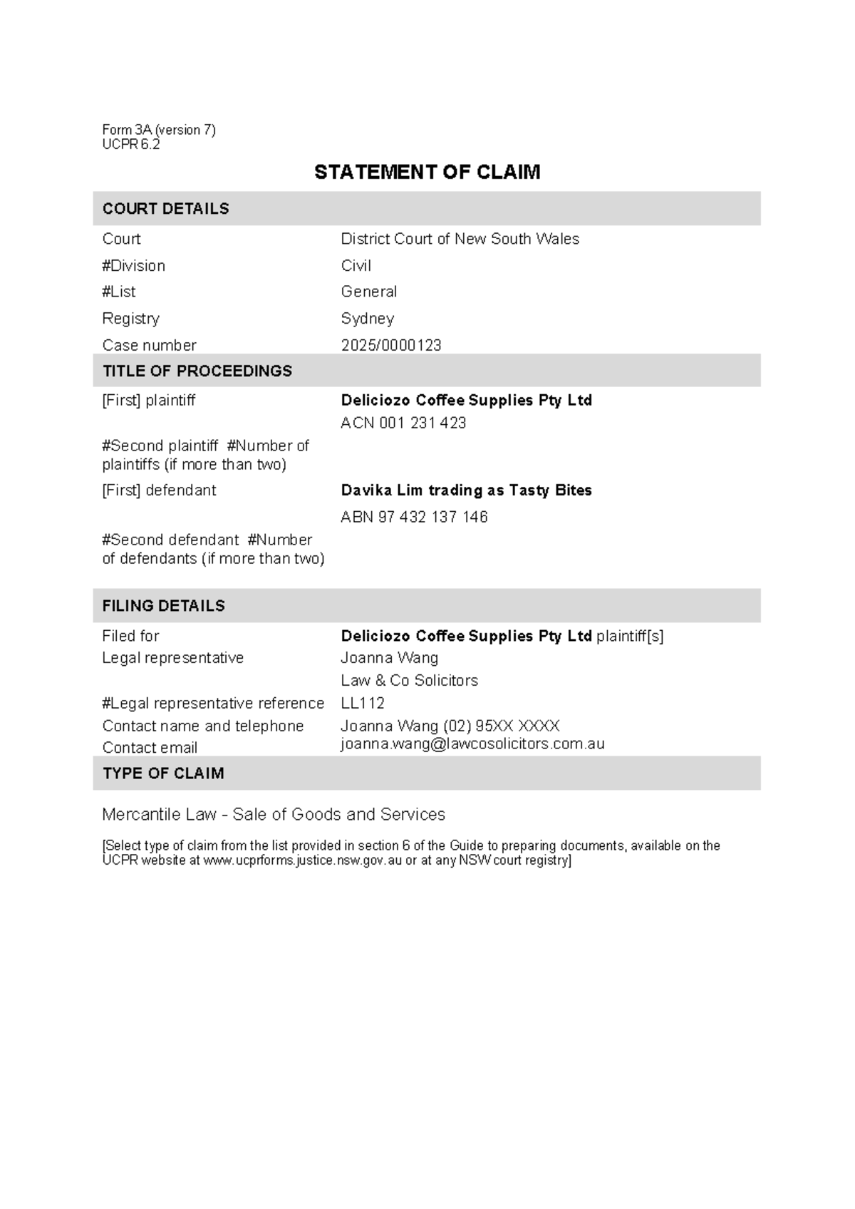 UCPR 6.2 Statement of Claim: Deliciozo Coffee Supplies vs. Tasty Bites ...