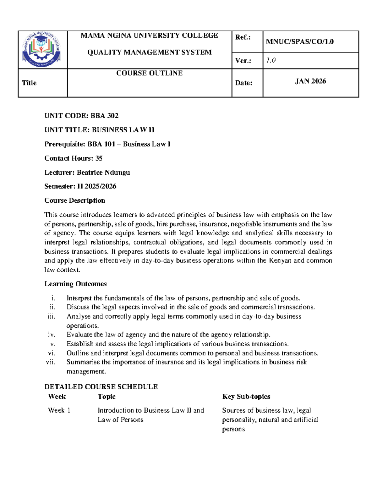 BBA 302 Business Law II - Course Outline & Study Guide - Studocu