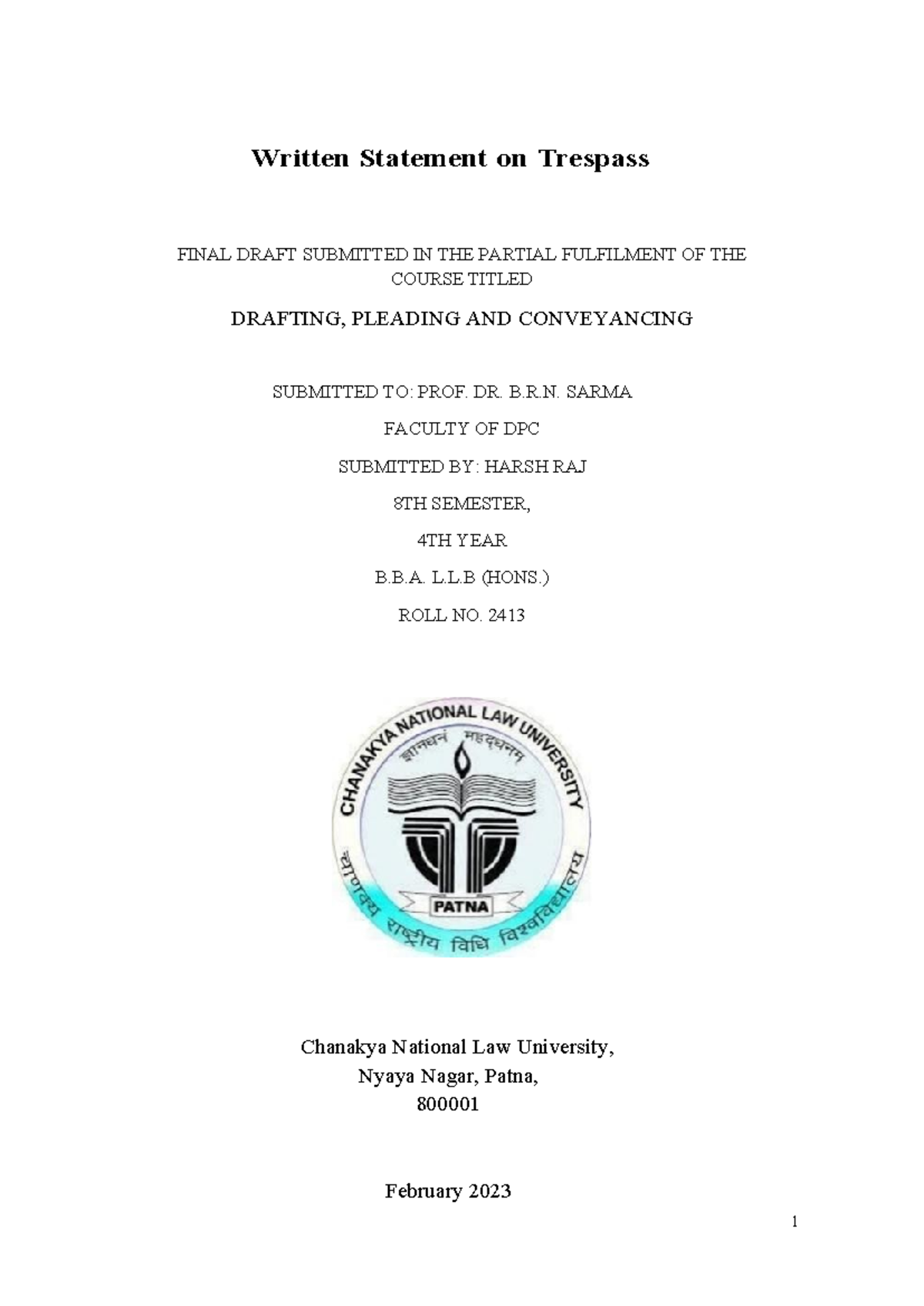 DPC Final Draft: Written Statement on Trespass by Harsh Raj - Studocu