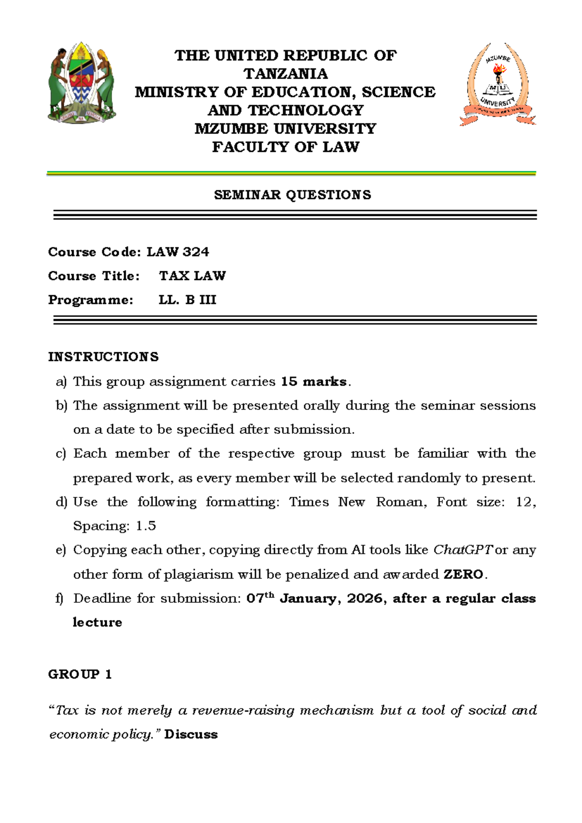 LAW 324 - Tax Law Seminar Questions and Group Assignments - Studocu
