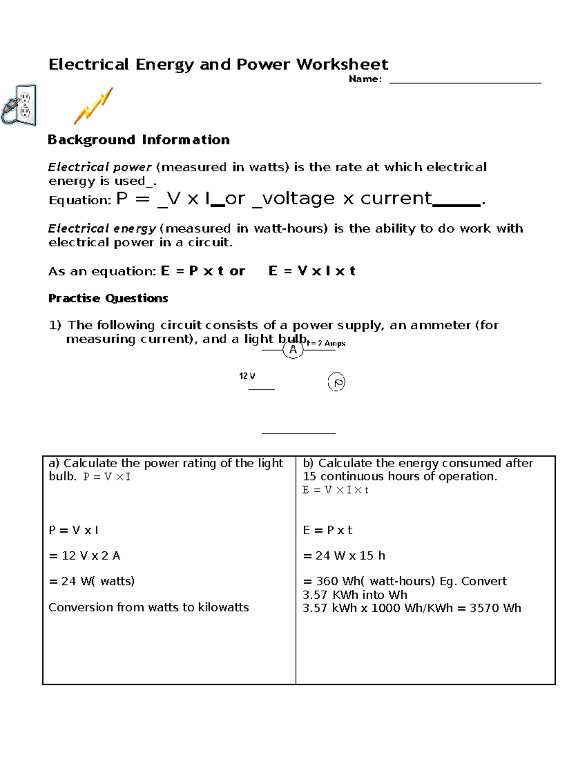 327544788 Electrical Energy & Power Worksheet Problems - Studocu