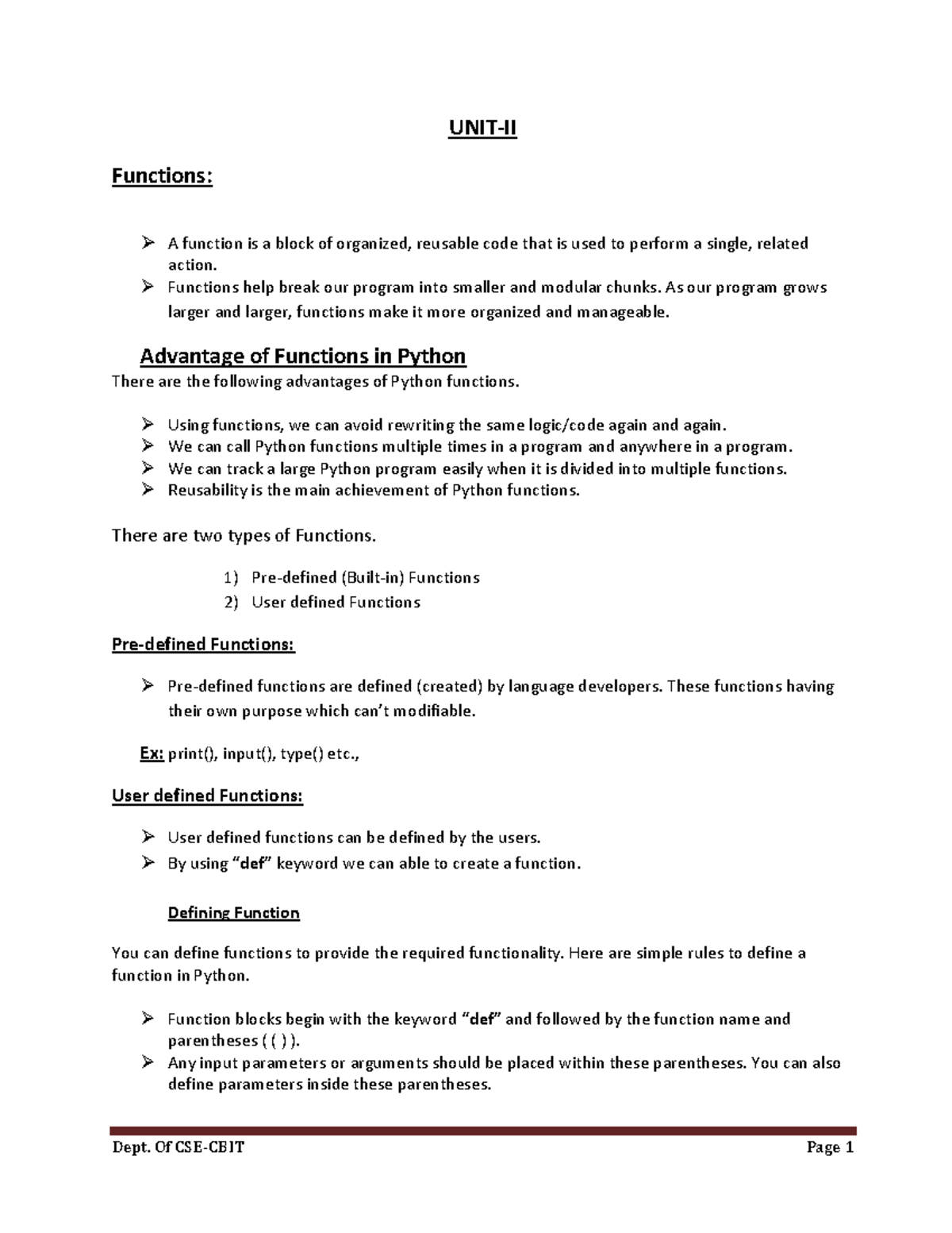 Python Programming: Functions and Exception Handling - UNIT 2 - Studocu
