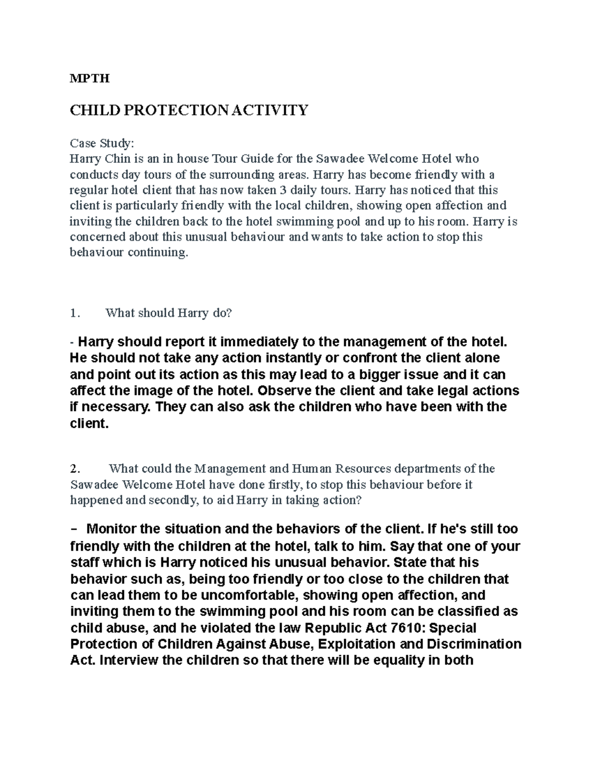 MPTH Case Study: Addressing Child Protection Concerns at Hotels - Studocu
