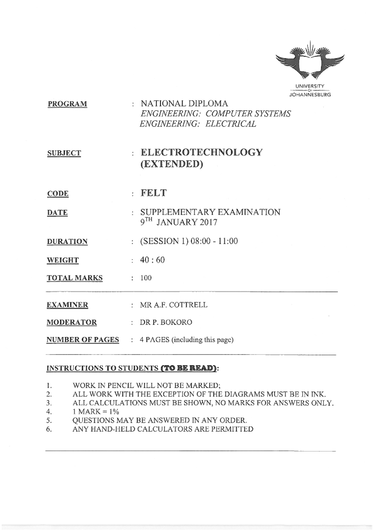 UJ 22322: Supplementary Exam Notes for Electrotechnology (2017) - Studocu
