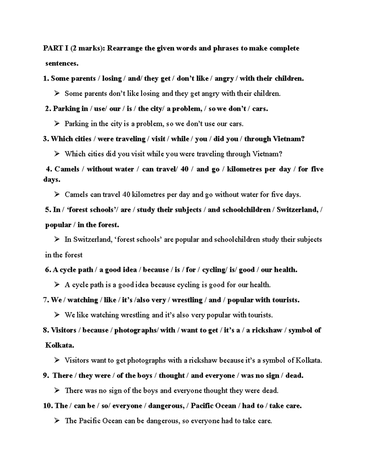 PART I II - Sentence Rearrangement Exercises for English Language ...