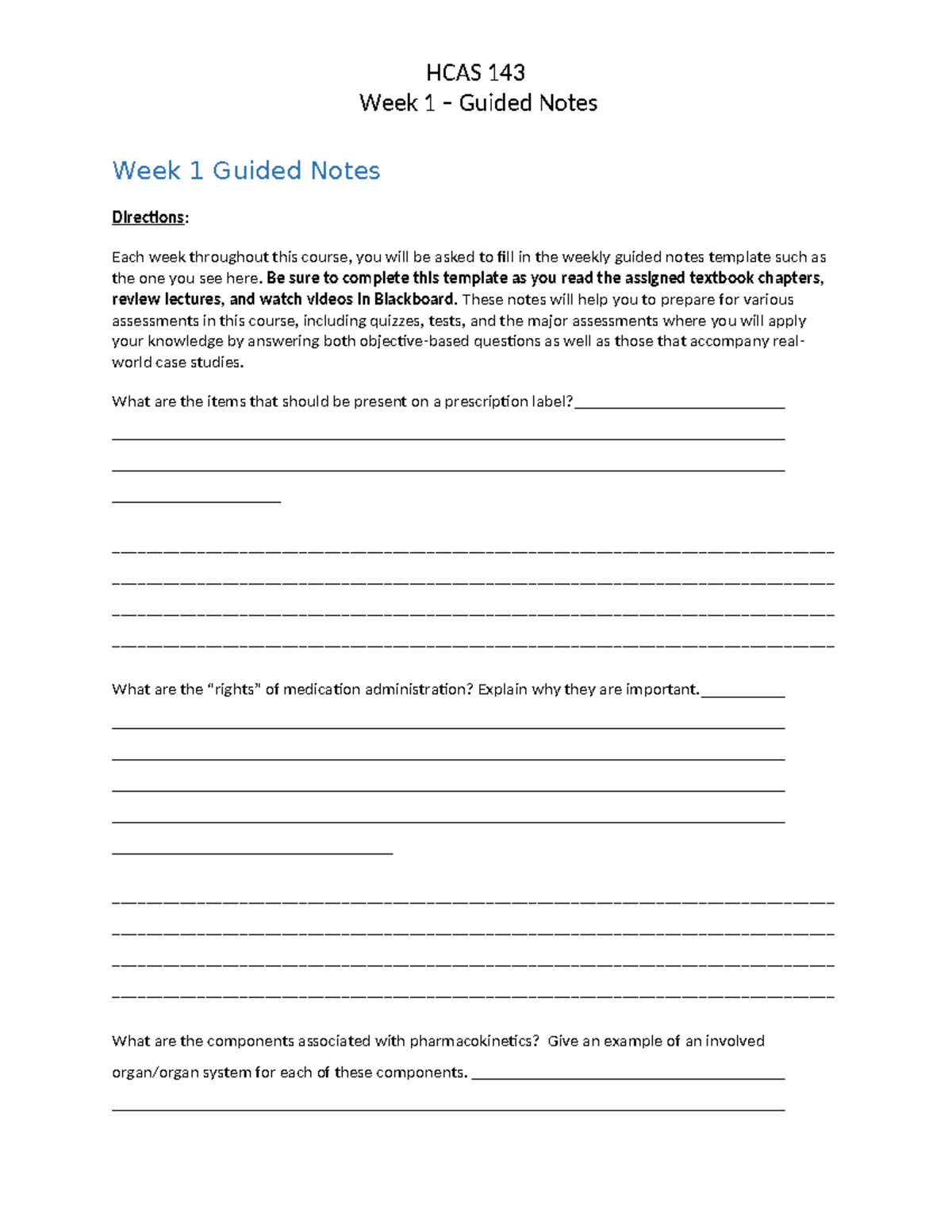 HCAS 143 Week 1 Guided Notes: Key Concepts in Pharmacology and Med ...