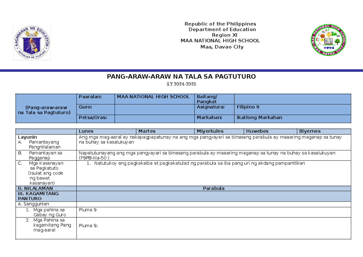 DLL-Filipino 9 Weekly Teaching Plan (April 30, S2024) - Studocu