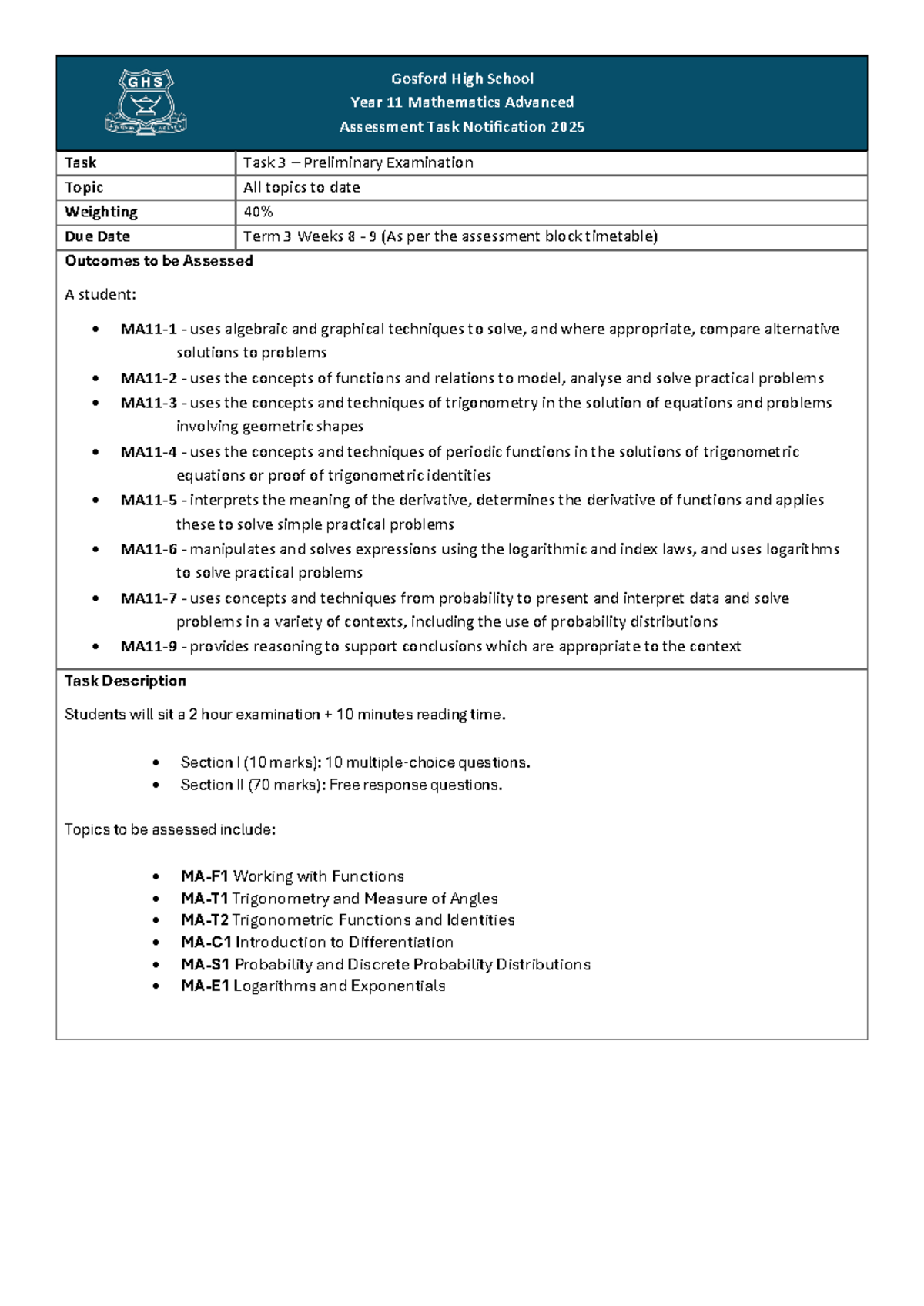 2025 Year 11 Mathematics Advanced Task 3 Exam Notification - Studocu