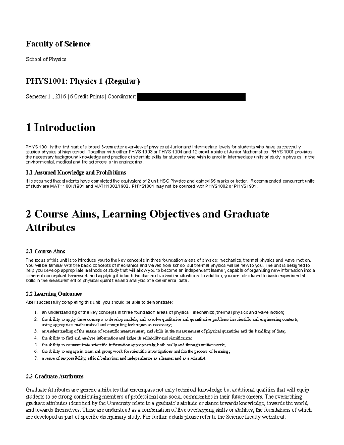 PHYS1001 Course Outline: Introduction to Physics 1 Overview - Studocu