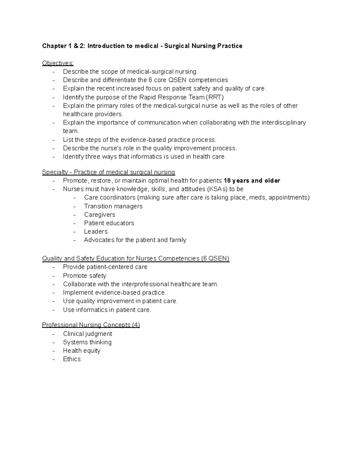 Med Surg Nursing Exam 1: Comprehensive Class Notes & Key Concepts - Studocu