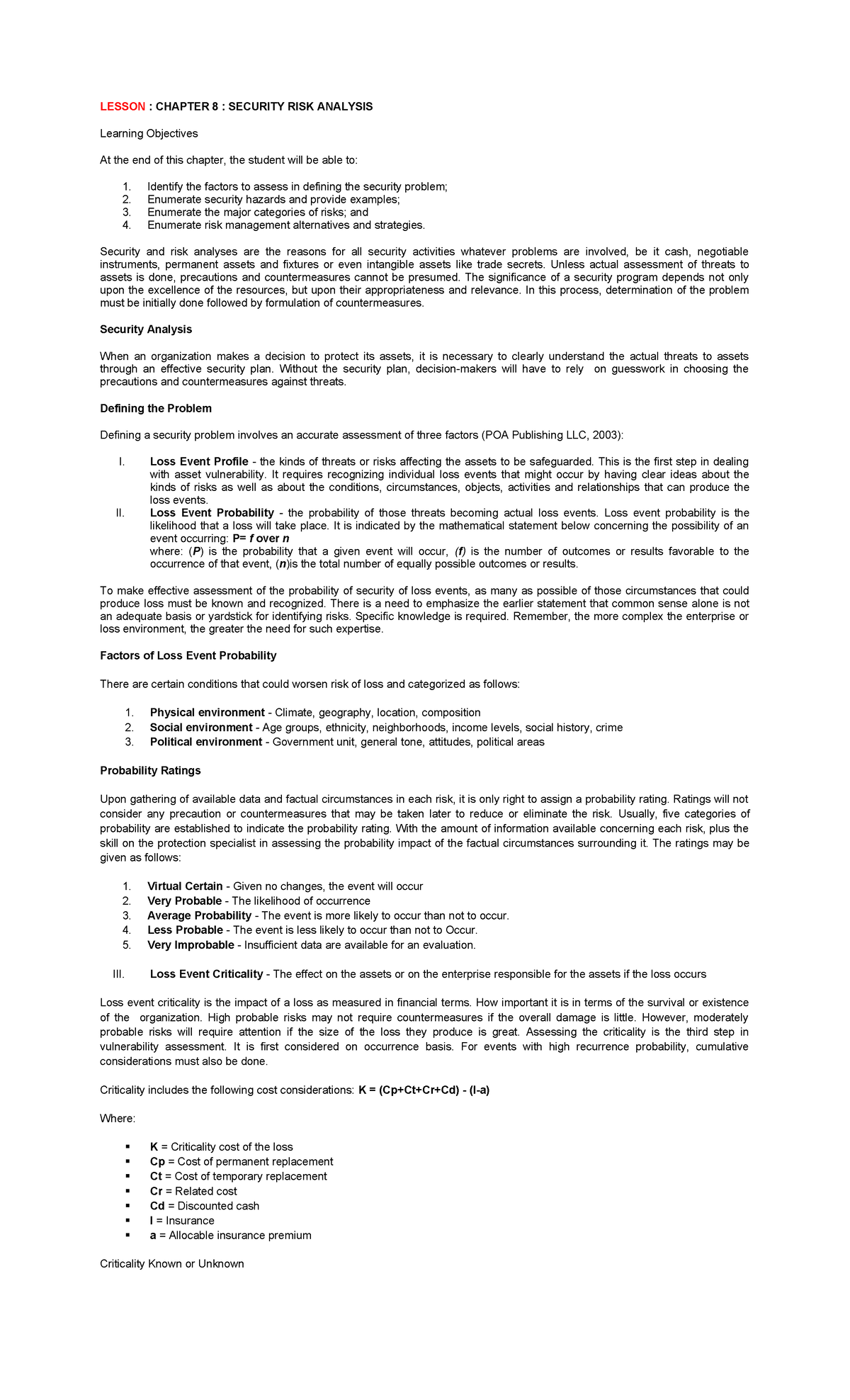 LEA 3 - Security Risk Analysis: Chapters 8-10 Overview and Insights ...