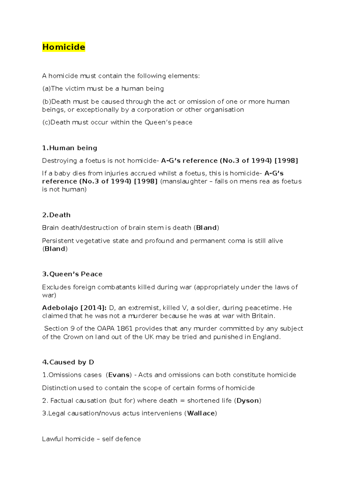 Homicide Law: Key Elements and Legal Principles (S4 & L15-18) - Studocu