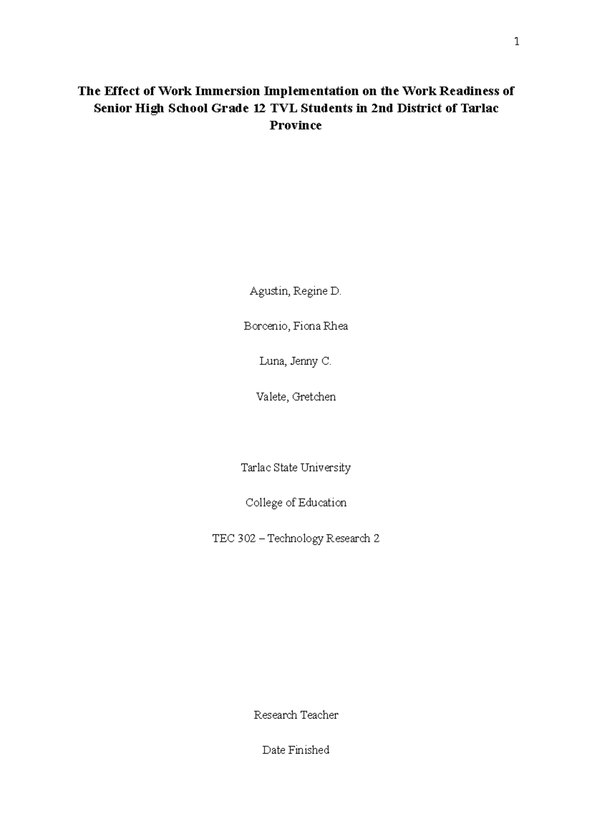 TEC 302 Research: Impact of Work Immersion on TVL Students' Readiness ...