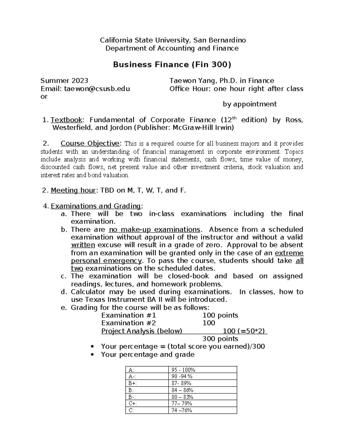 Fin 300 Syllabus Summer 2023 - Business Finance Course Details - Studocu