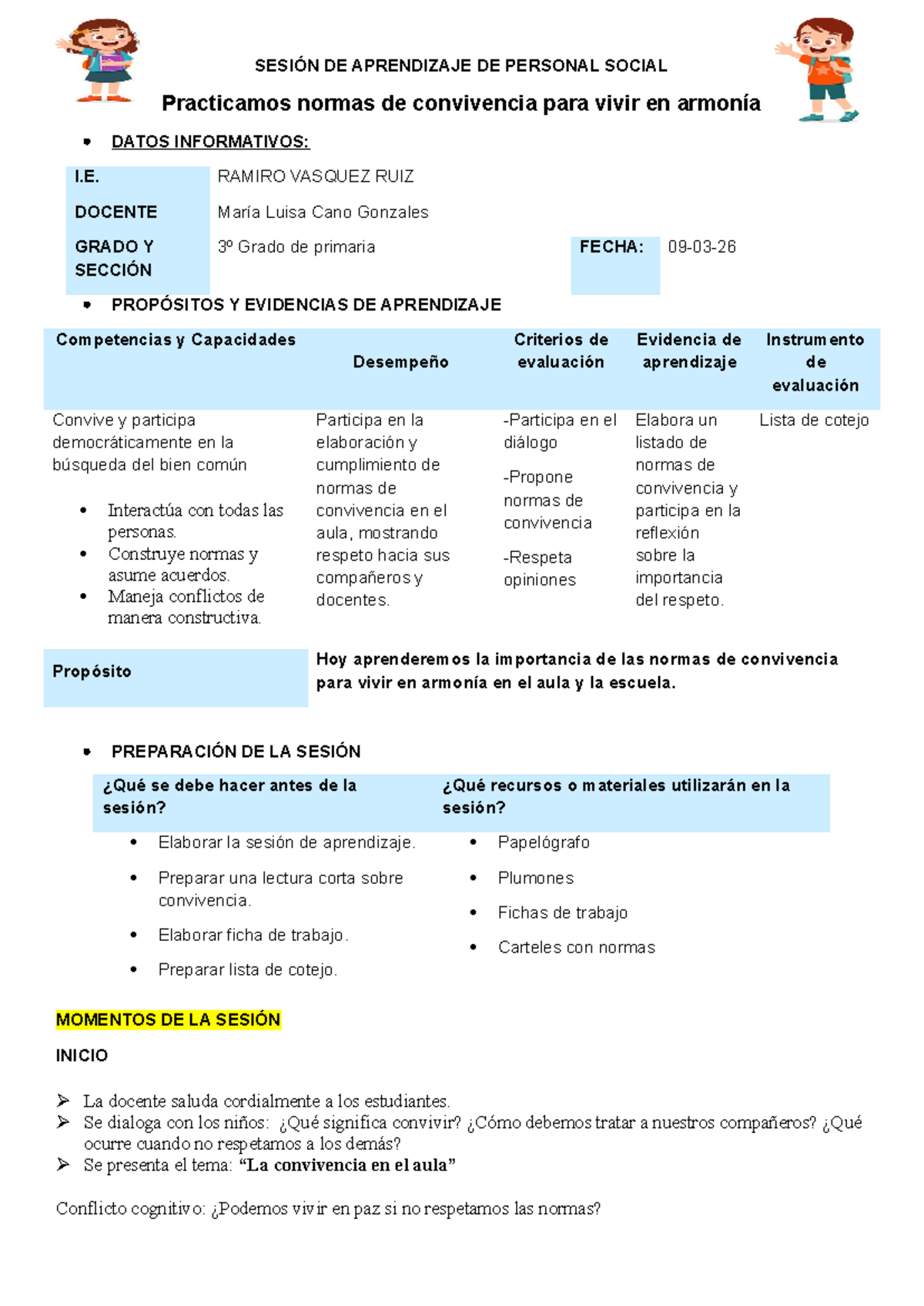 SESION DE APRENDIZAJE DE PERSONAL SOCIAL: Normas de Convivencia en el ...