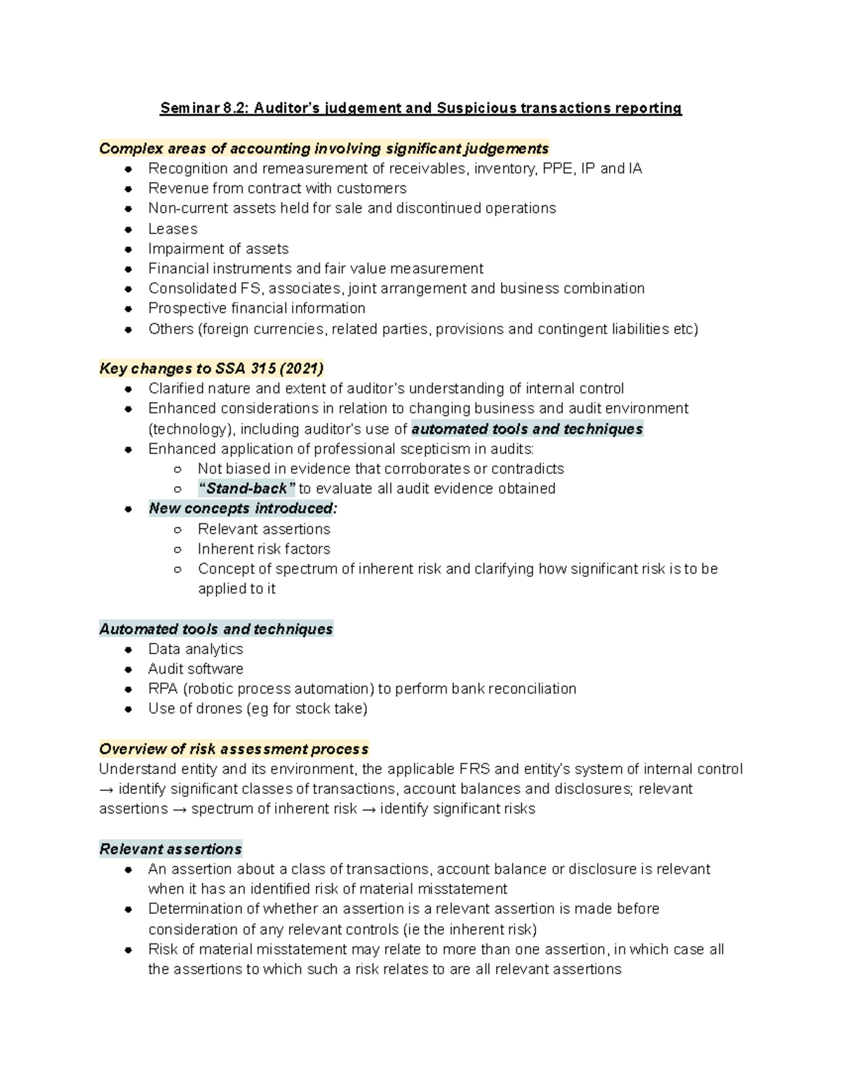 AC3104 Seminar Notes on Judgement and Complex Accounting Issues - Studocu