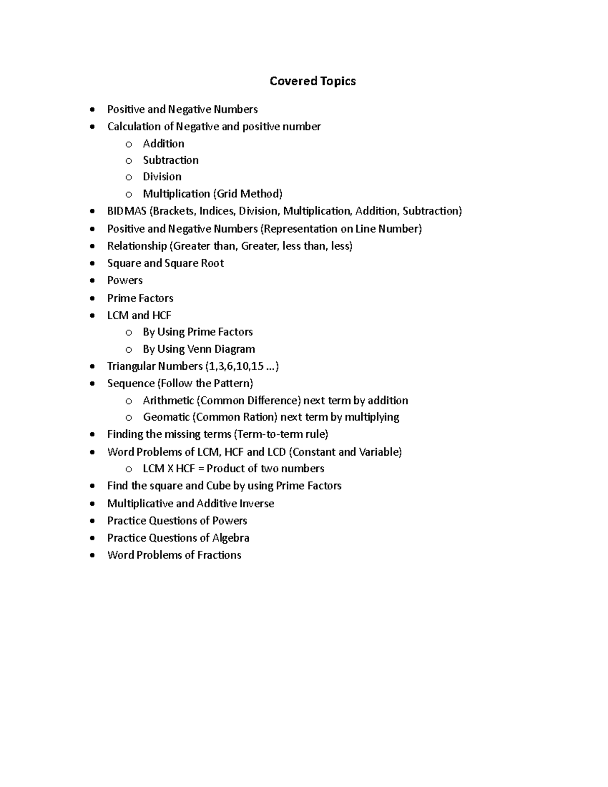 Covered Topics Year 7 Maths (1st Month) - Covered Topics Positive and ...