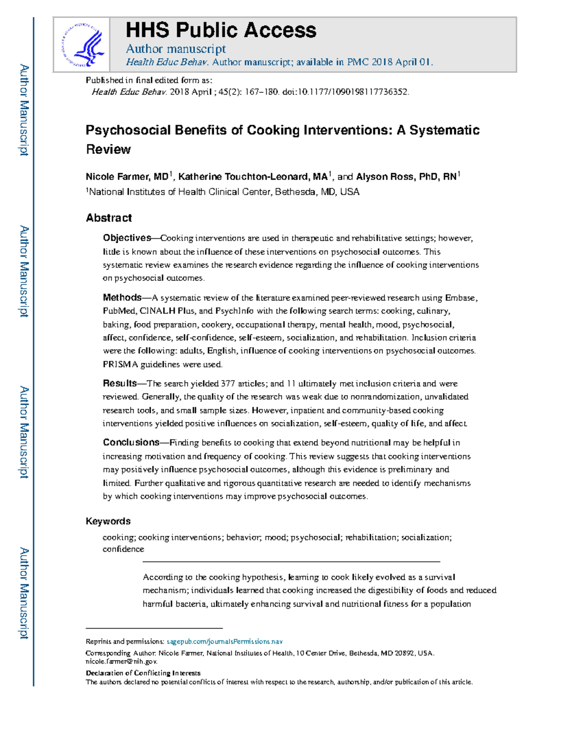 Psychosocial Benefits of Cooking Interventions: A Systematic Review ...