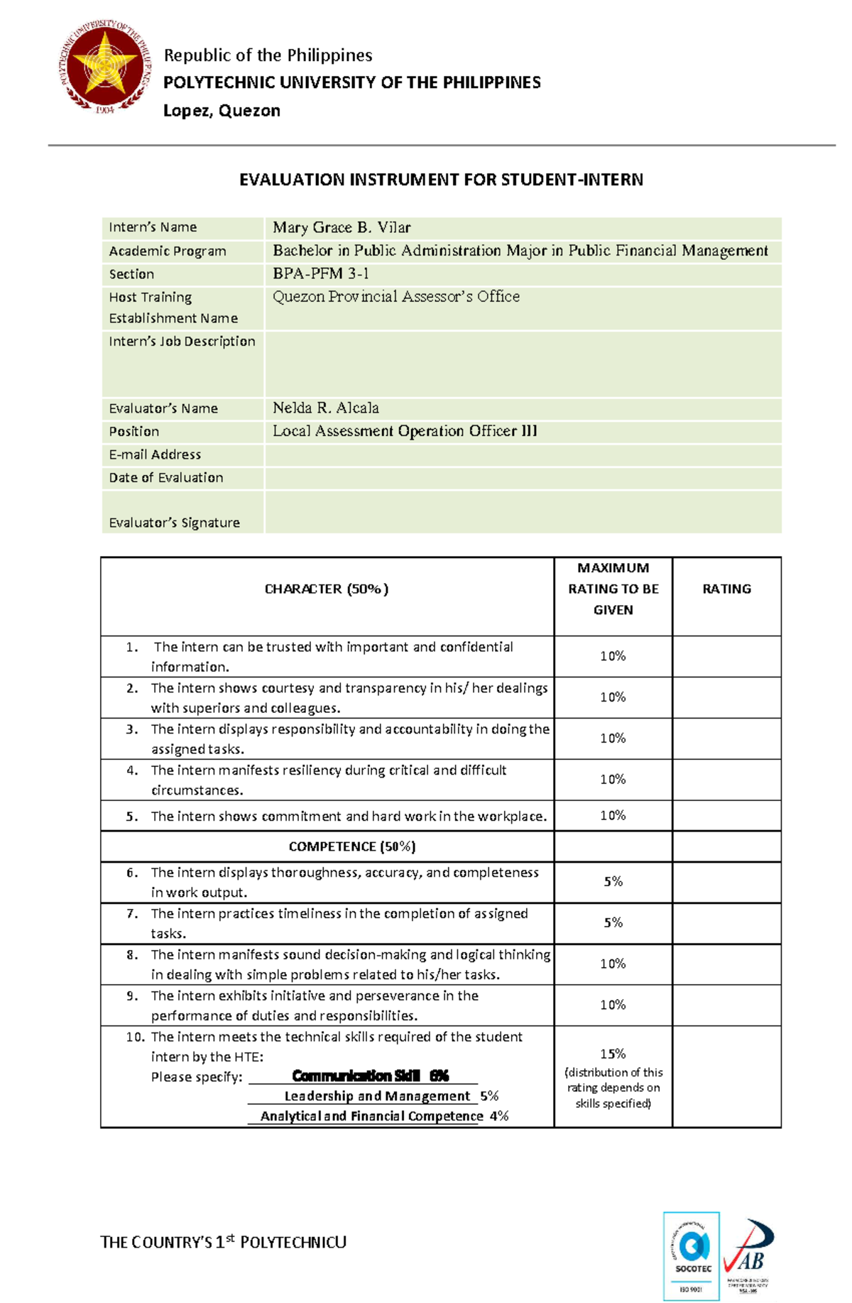 Evaluation Instrument for Student Intern - Bachelor in Public Admin ...