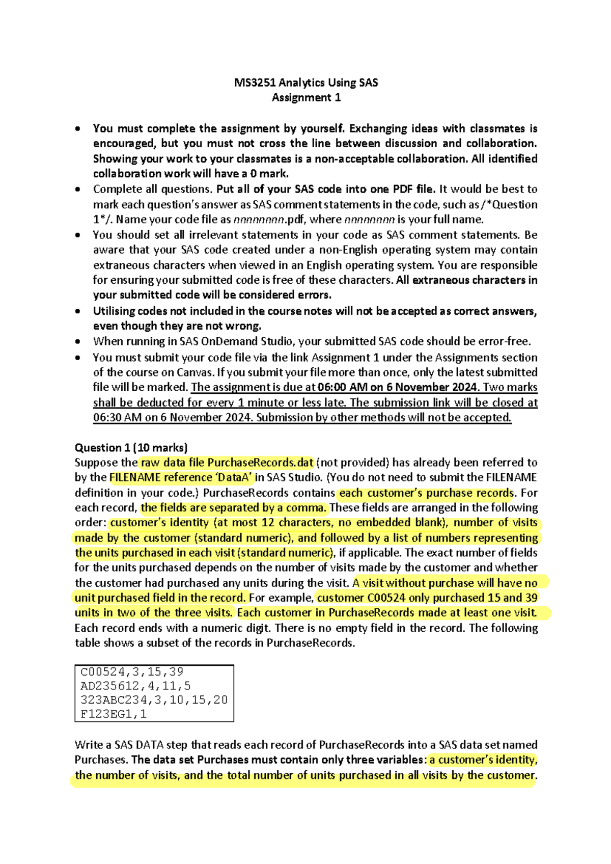 MS3251 Assignment 1 - SAS Practice Paper Guidelines - Studocu