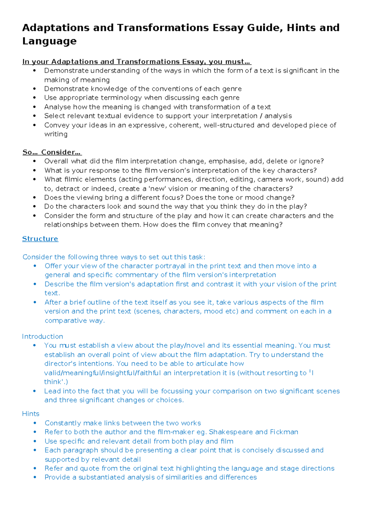12LIT Adaptations Essay Writing Guide and Tips OPE - Studocu