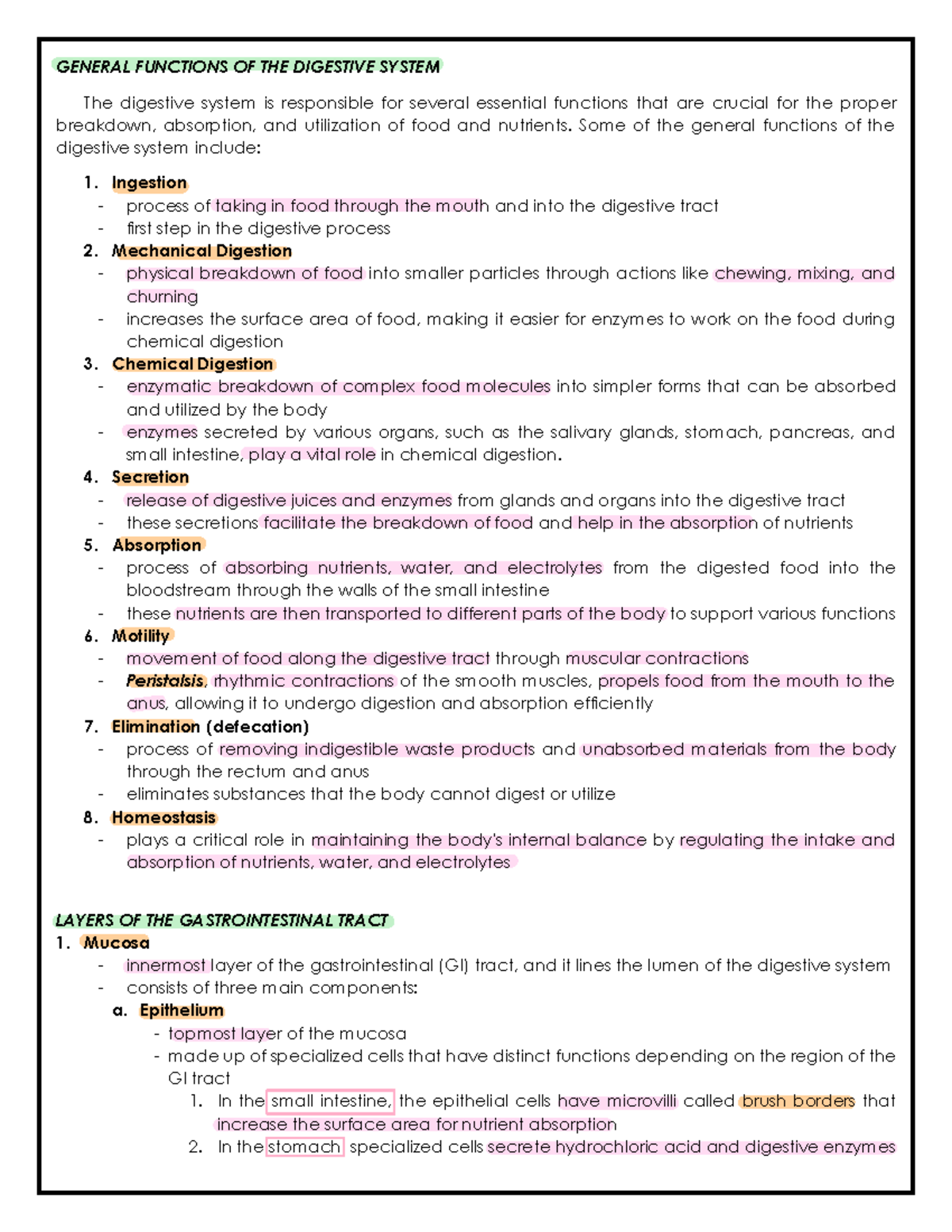 GENERAL FUNCTIONS AND STRUCTURES OF THE DIGESTIVE SYSTEM - Studocu